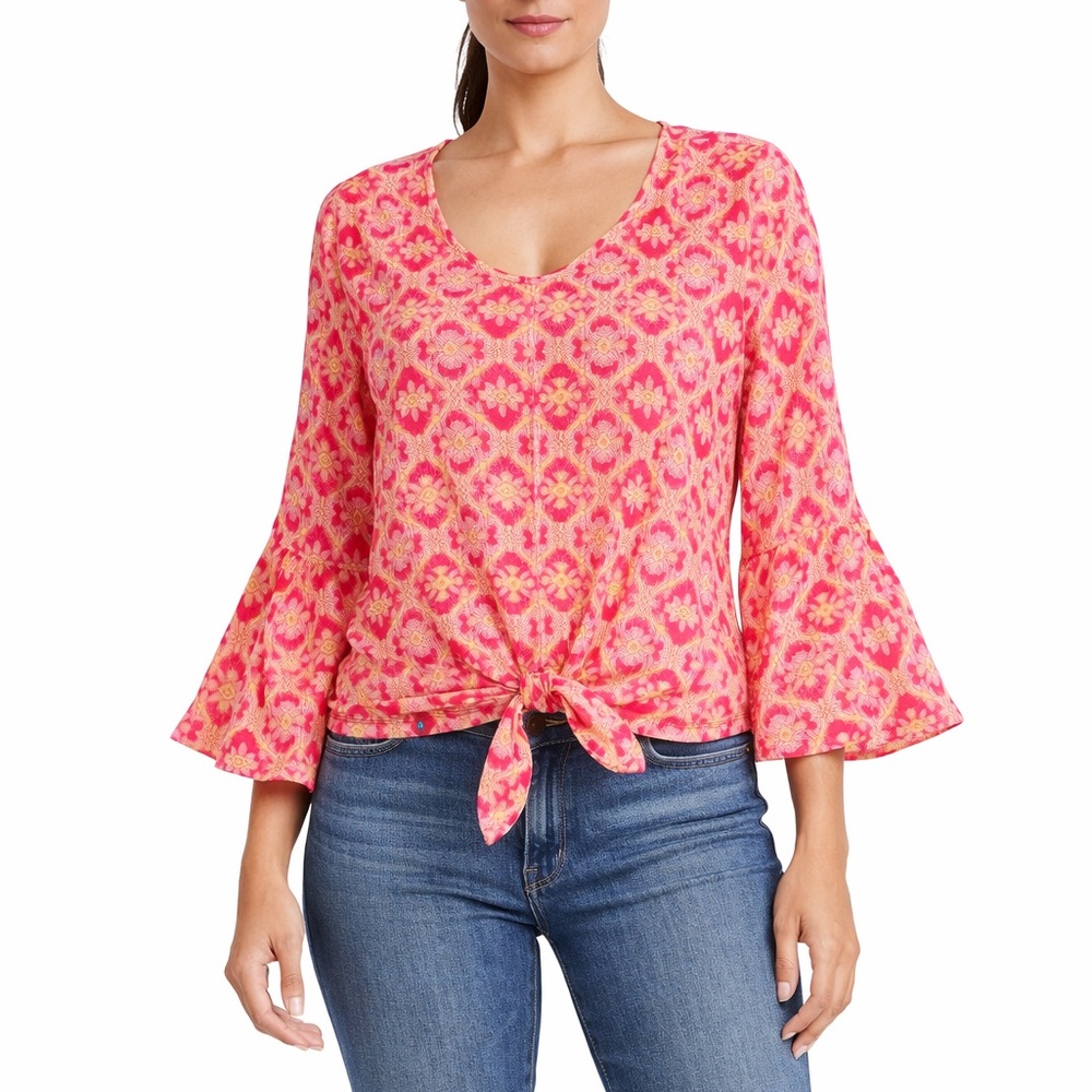 NWT Stella Parker‎ Size Large Tie Knot Bell Sleeves Pink Orange Patterned Blouse